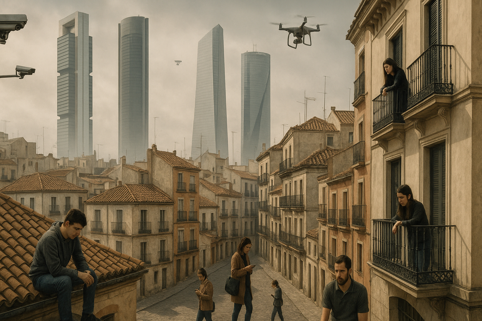 Una escena urbana en España que contrasta tradición y modernidad para ilustrar el desarraigo individual, la soledad administrada y la erosión de lazos comunitarios