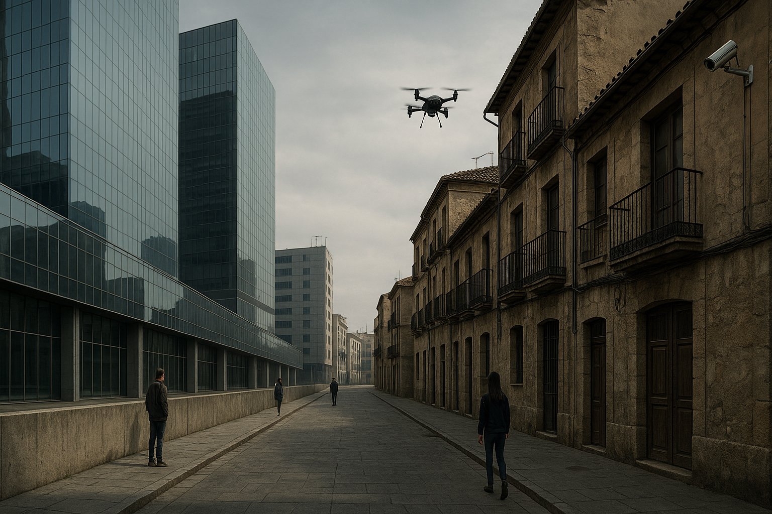 Foto panorámica ultra amplia de un paisaje urbano español que fusiona arquitectura tradicional y moderna, simbolizando la fragmentación social, el aislamiento individual y el control autoritario en un entorno de vigilancia sutil.