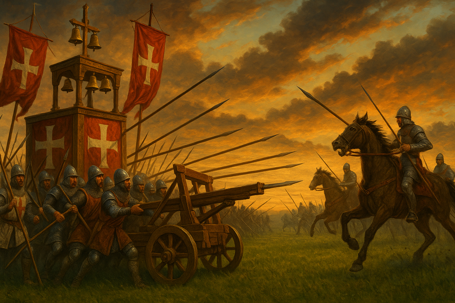 Ilustración épica de la Batalla de Legnano 1176 con la Liga Lombarda defendiendo el Carroccio contra la caballería de Federico Barbarroja, escena histórica de unidad italiana medieval para portada de redes sociales.