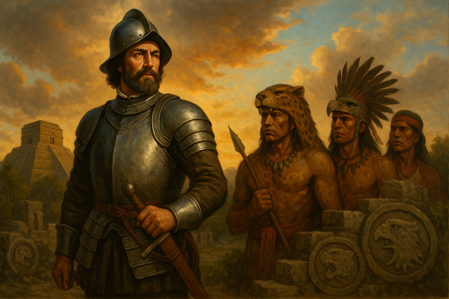 Representación de Hernán cortés con los perros creando alianzas